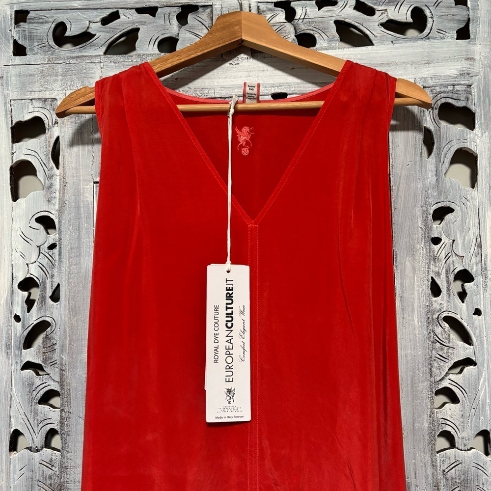 NEW European Culture Trapeze Red/Orange Silky Sleeveless Tie Waist Cocoon Dress - Picture 5 of 10
